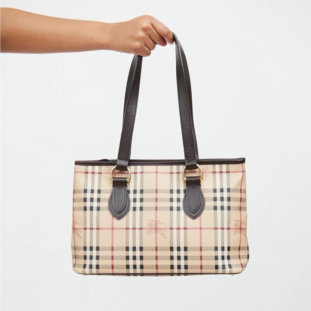 Burberry Beige Plaid Tote with Brown Leather Straps - Picture 2 of 13